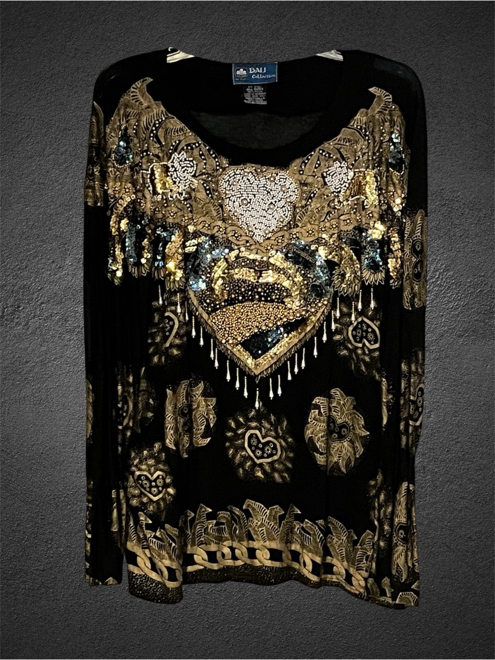 Bali in Vegas! Black Gold Multicolor Embellished Long-Sleeve Statement Blouse✨